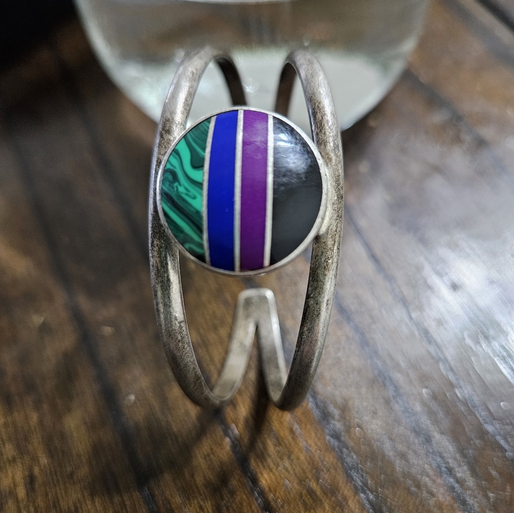 Vintage Sterling Silver 925 Multicolor Stone Cuff Bracelet